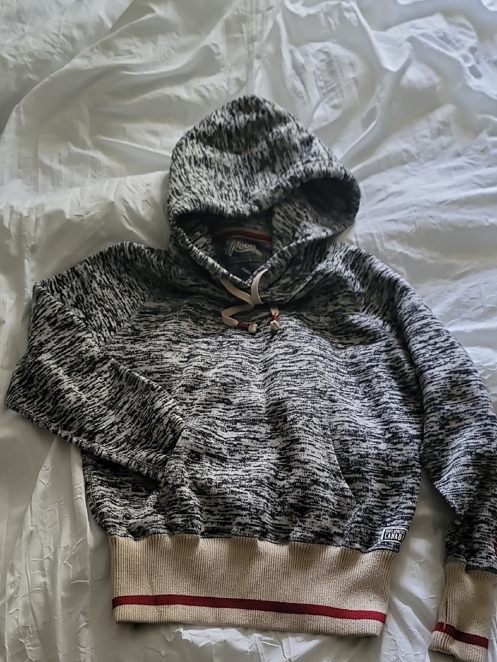Roots Marled Black & White Hooded Sweatshirt with Cream And Red Hem